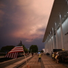 Workers build scaffolding on The Kennedy Center on June 12, 2026.