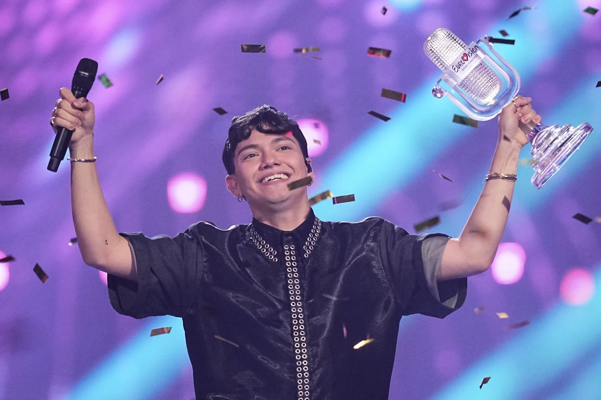 JJ, winner of the 2025 Eurovision Song Contest, holds up the trophy he won for Austria with the song 'Wasted Love' during the Grand Final of the 69th Eurovision Song Contest, in Basel, Switzerland, Saturday, May 17, 2025.