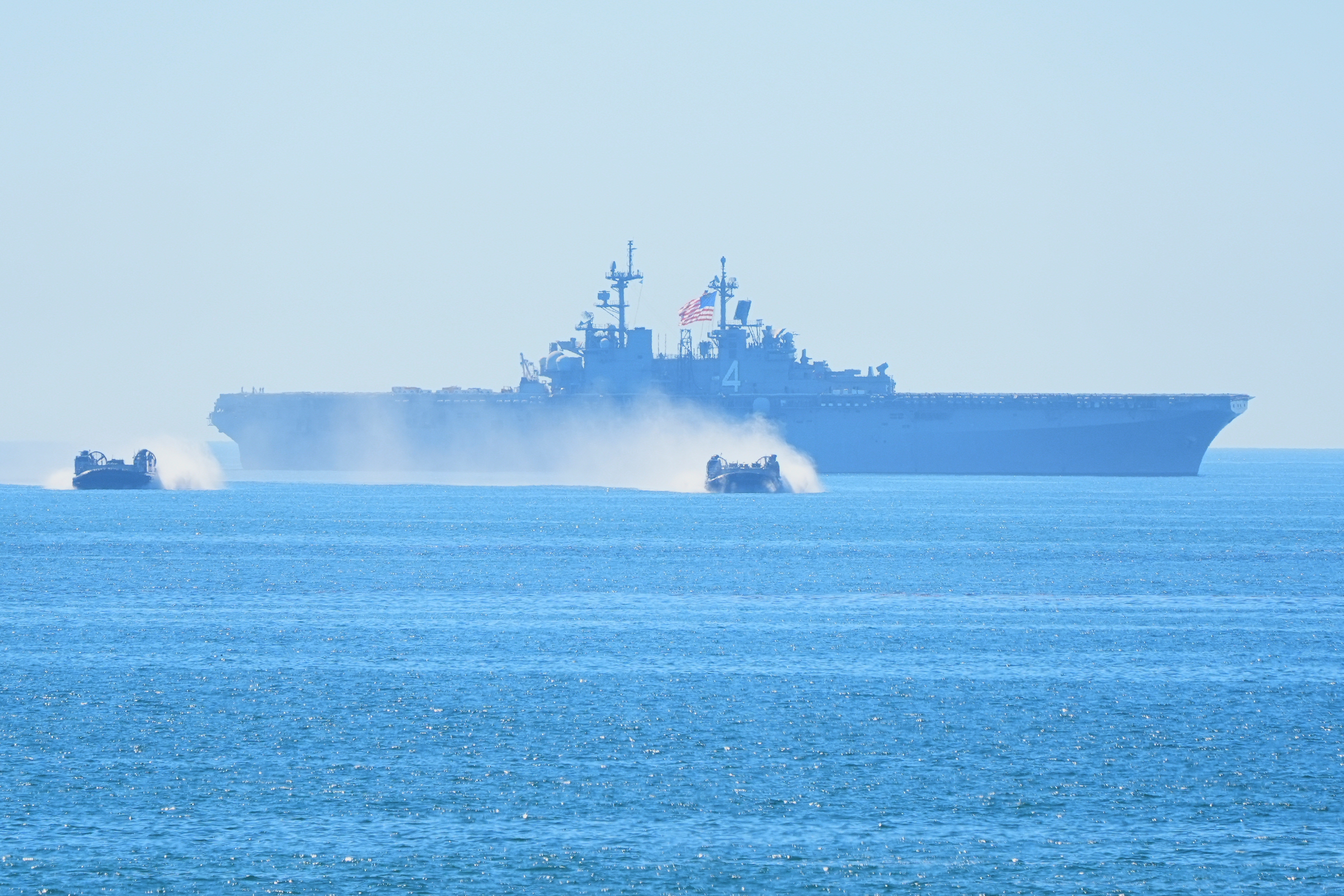 Marines perform in a demonstration with hovercraft and the amphibious assault ship USS Boxer during activities to mark the Marine Corps' 250th anniversary, Oct 18, 2025, on Marine Corps Base Camp Pendleton in Camp Pendleton, Calif. (AP)