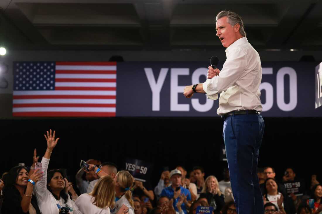 California’s Democratic Gov. Gavin Newsom speaks in Los Angeles during a 2025 campaign event on Proposition 50. Voters approved the ballot measure, allowing the state's Democratic leaders to temporarily replace the state’s congressional map to help Democrats win five additional U.S. House seats.