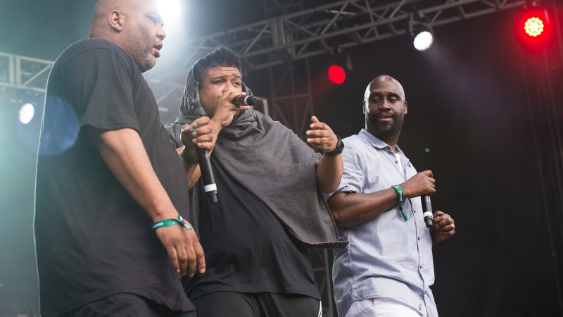 Vincent Mason, left, David Jude Jolicoeur and Kelvin Mercer from the band De La Soul perform on day two of the Governors Ball Music Festival on Saturday, June 4, 2016, in New York.