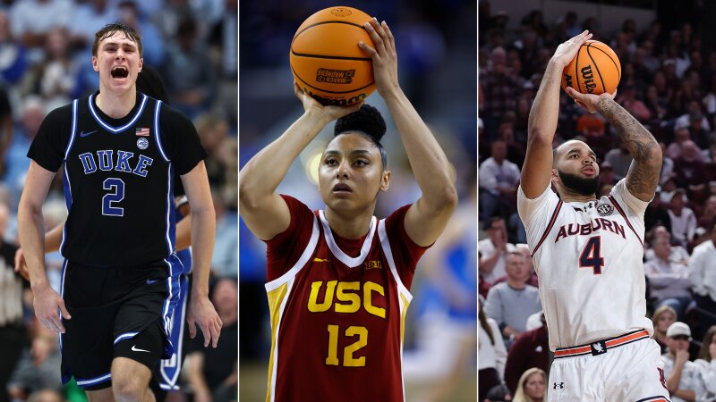Three top contenders for this year's college basketball tournaments: Cooper Flagg of Duke, JuJu Watkins of USC and Johni Broome of Auburn.
