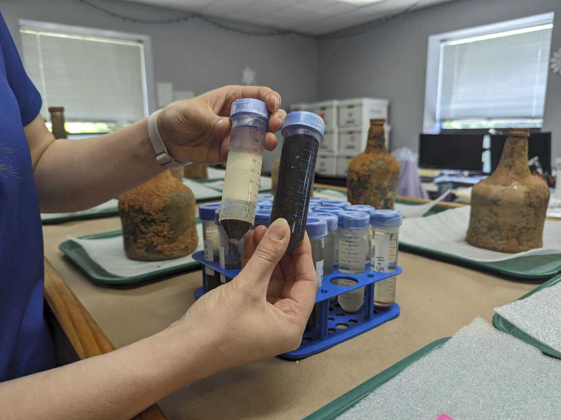 A person holds tubes with liquid extracted from the cherry bottles.