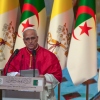 Pope Leo XIV stands at the microphone for his address, with a row of flags behind him.