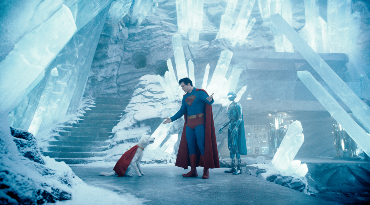 Krypto the dog and David Corenswet as Superman in Warner Bros. Pictures' Superman, a Warner Bros. Pictures release.