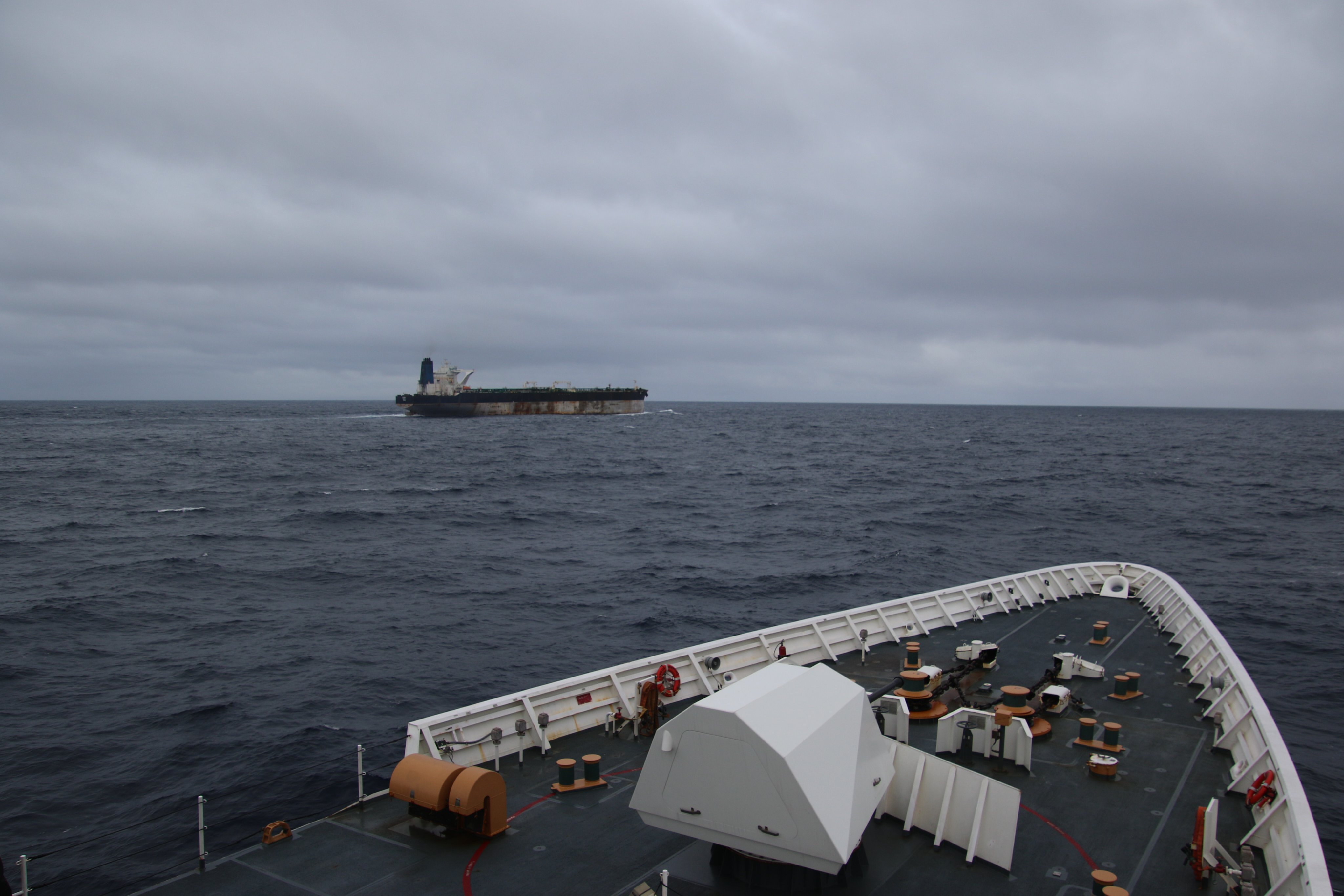 A crude oil tanker named the Bella 1 and later the Marinera was seized by U.S. forces on Wednesday. The tanker is seen here in a photo taken aboard the U.S. Coast Guard Cutter Munro.