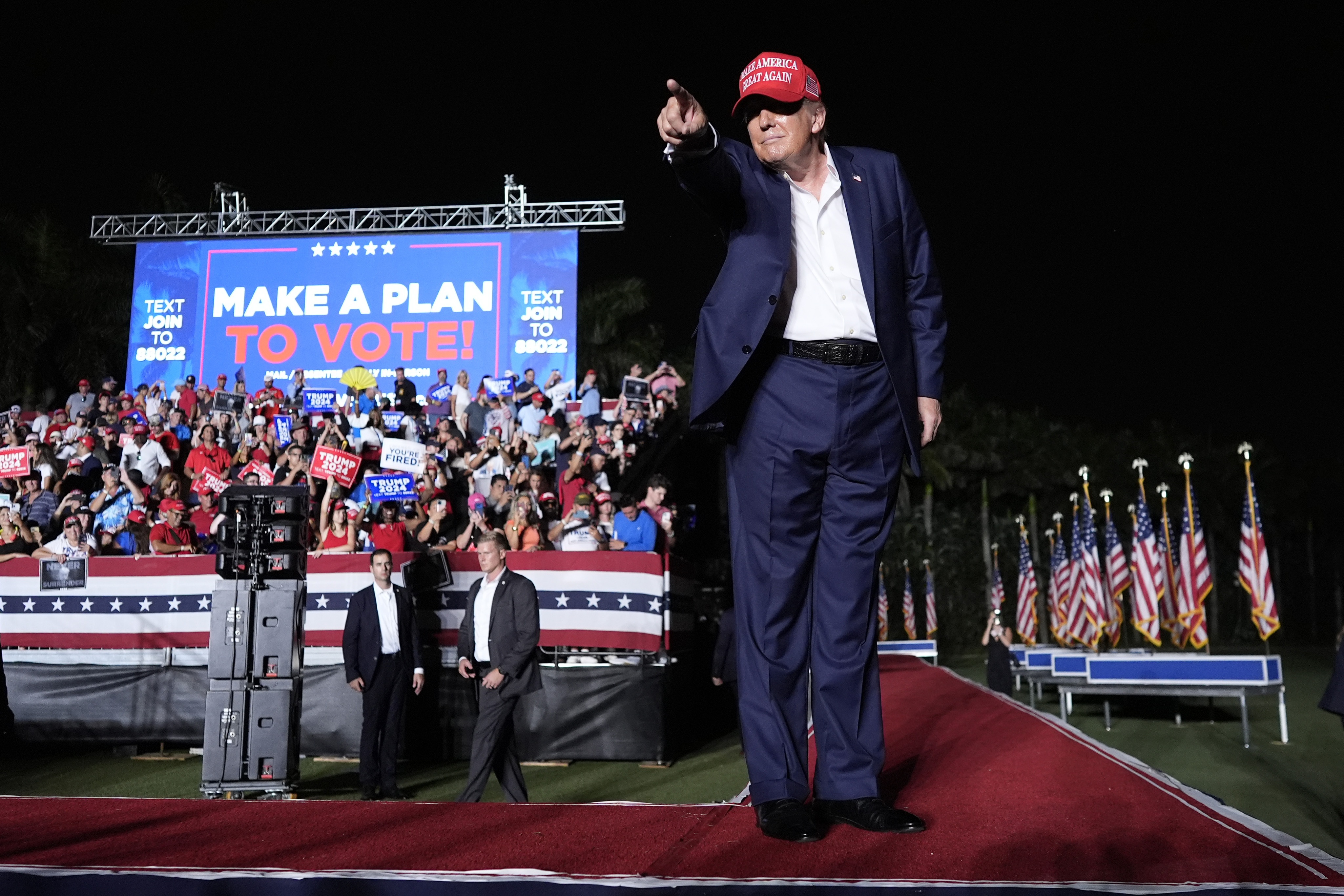 Republican presidential candidate former President Donald Trump gestures after speaking at a campaign rally at Trump National Doral Miami on Tuesday.