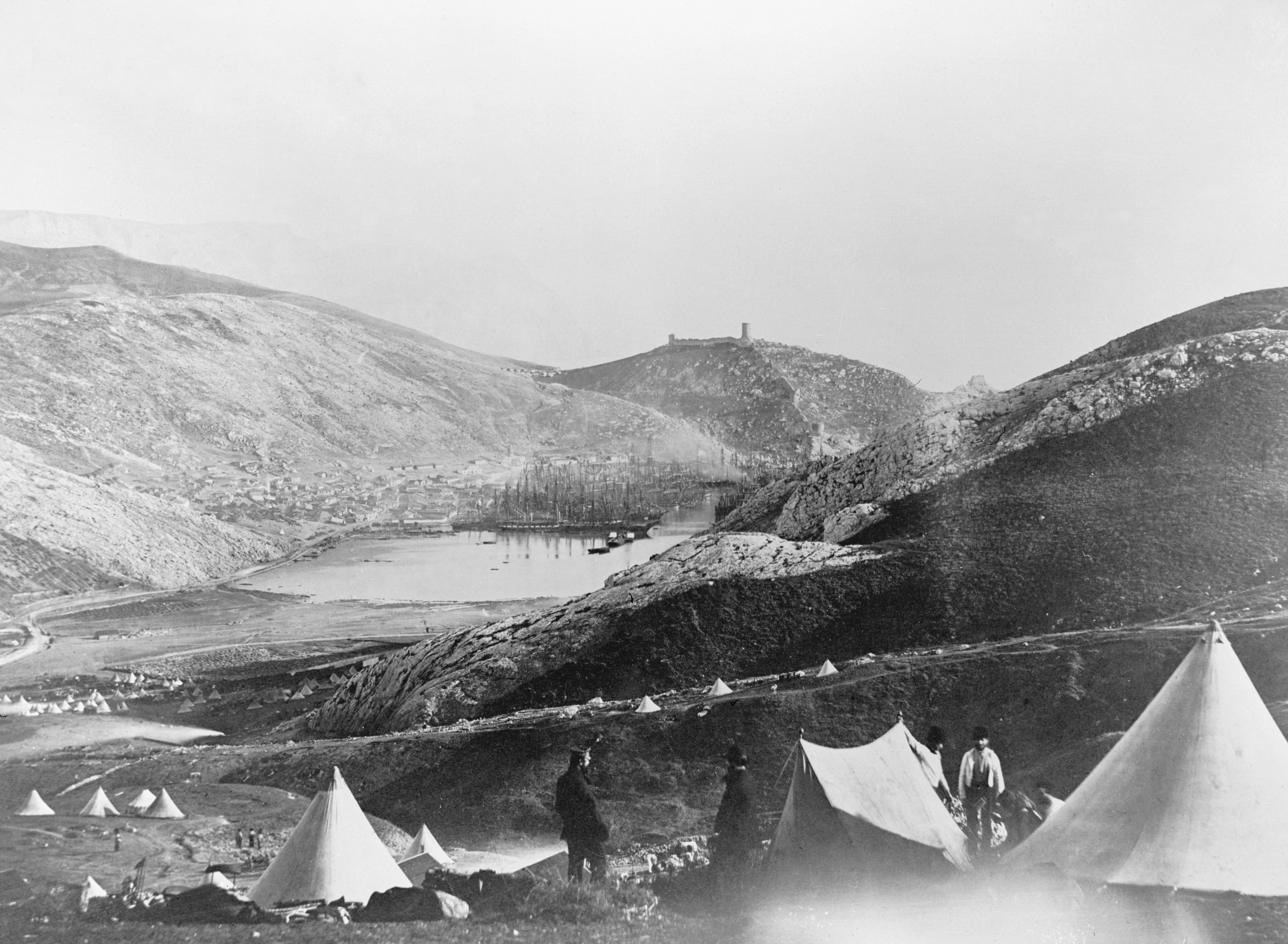 The camp of the British Foot Guards at Balaklava during the Crimean War, 1855.
