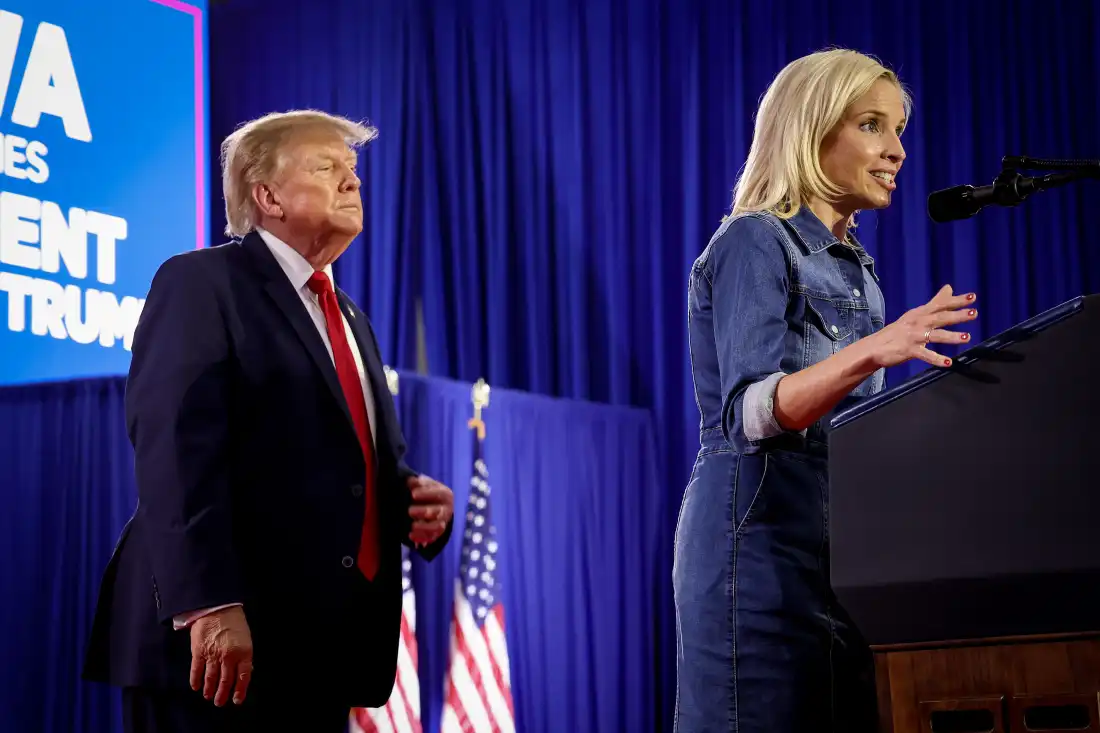 Iowa Republican Senate candidate, Rep. Ashley Hinson speaks at a rally on October 22, 2026 in Sioux City, Iowa as President Trump looks on.