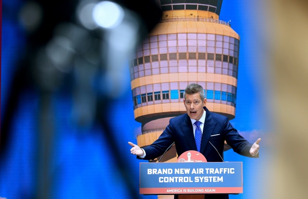 Transportation Secretary Sean Duffy speaks at an event on May 8 unveiling the Trump administration's plan for a new U.S. air traffic control system.