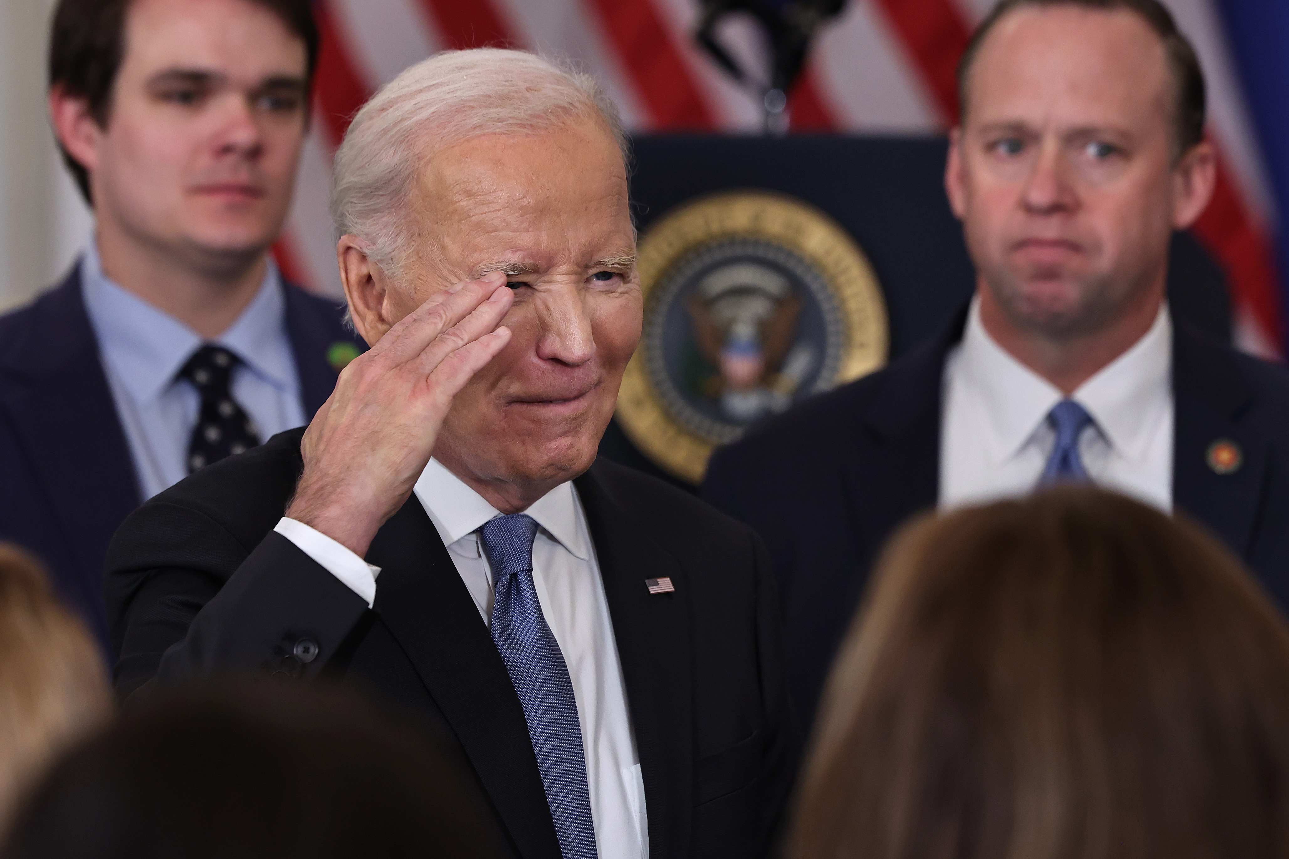 President Biden salutes after delivering a speech about his foreign policy achievements at the State Department on Jan. 13, 2025.