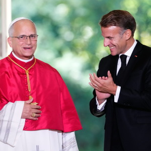 Pope Leo XIV, left, and French President Emmanuel Macron, attend a joint statement at the Elysee Palace, Friday, Sept. 25, 2026.