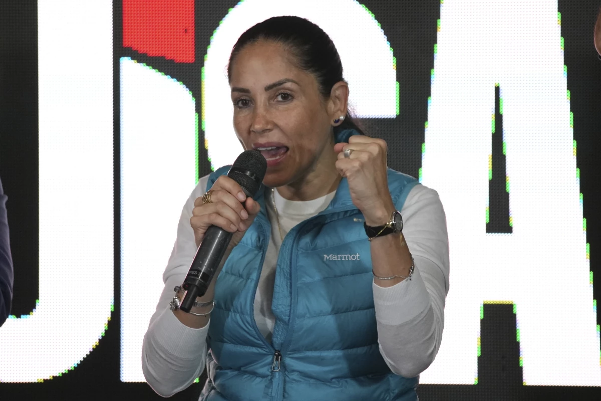 Luisa Gonzalez, presidential candidate for the Citizen Revolution Movement, speaks after polls closed for the presidential election in Quito, Ecuador on Feb. 9, 2025.
