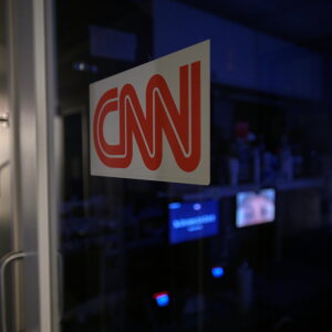 A logo on a booth for CNN is seen in the press area at the White House, Saturday, Sept. 26, 2026, in Washington.