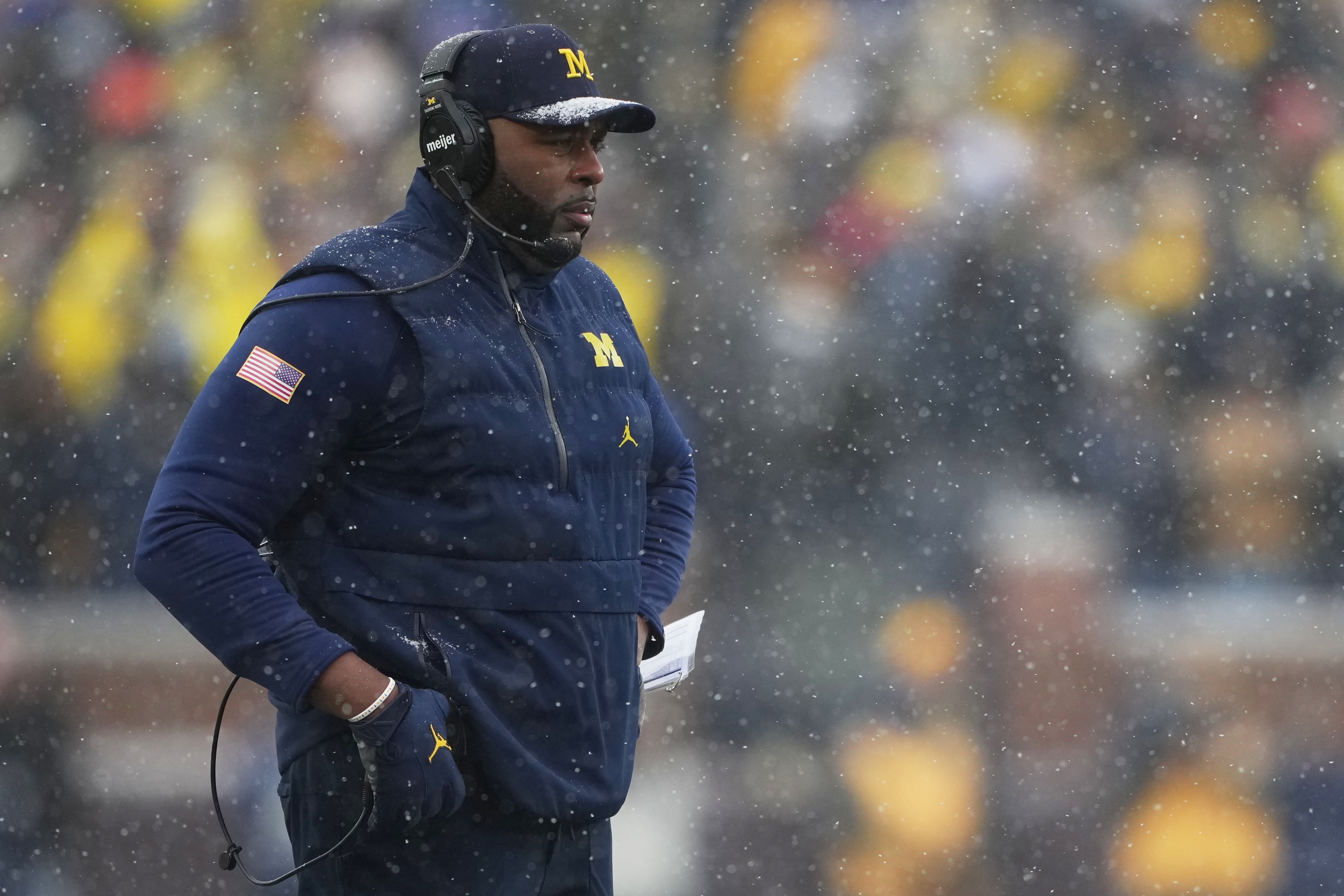 Michigan head coach Sherrone Moore watches from the sideline during the second half of an NCAA college football game against Ohio State, Saturday, Nov. 29, 2025, in Ann Arbor, Mich.