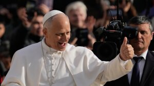 Pope Leo XIV greets faithful as he arrives in St. Peter's Square on the occasion of the last Jubilee audience, at the Vatican, on Saturday.