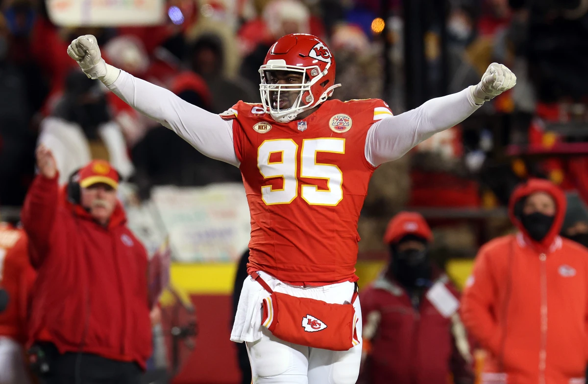 Defensive tackle Chris Jones of the Kansas City Chiefs celebrates during the AFC Wild Card Playoff game against the Miami Dolphins on January 13, 2024 in Kansas City, Mo.