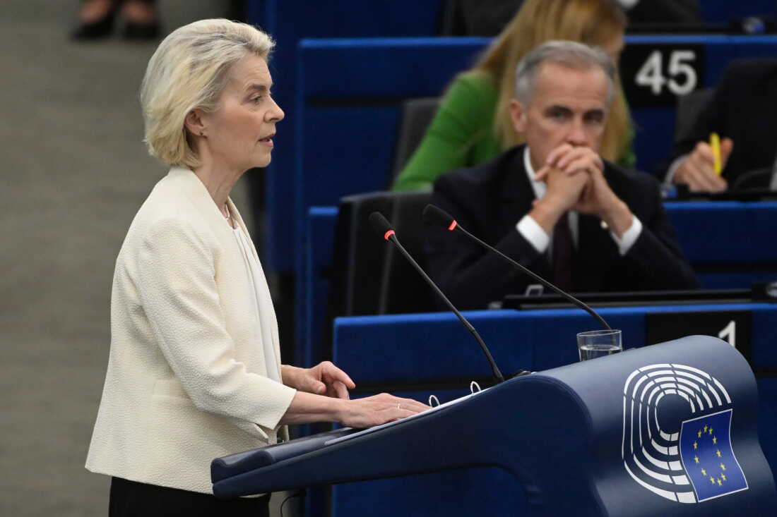 Canada's Prime Minister Mark Carney, right, listens to European Commission President Ursula von der Leyen, during the annual State of the European Union at the European Parliament in Strasbourg, eastern France, Wednesday, Sept 16, 2026.