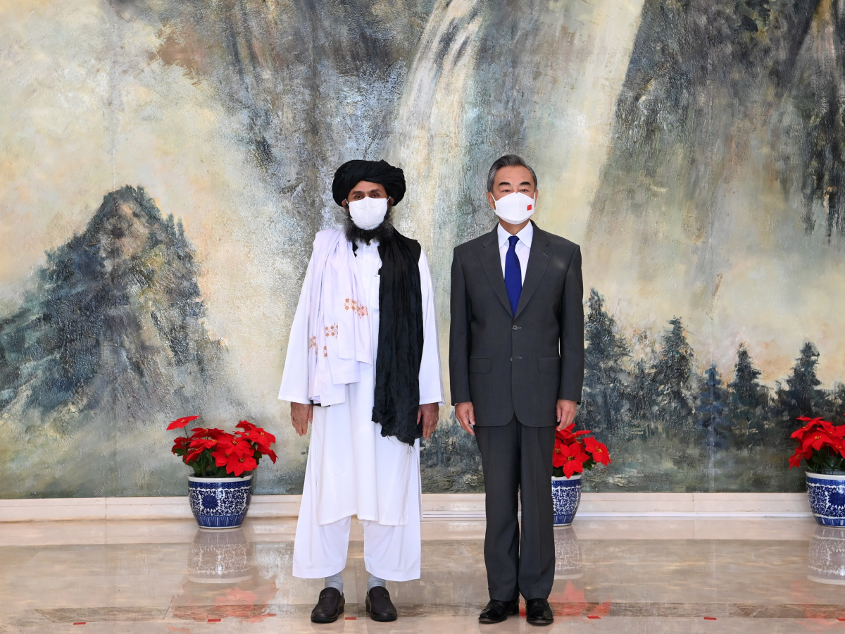 Chinese Foreign Minister Wang Yi meets with Afghan Taliban leader Abdul Ghani Baradar in Tianjin, China, on July 28, 2021.