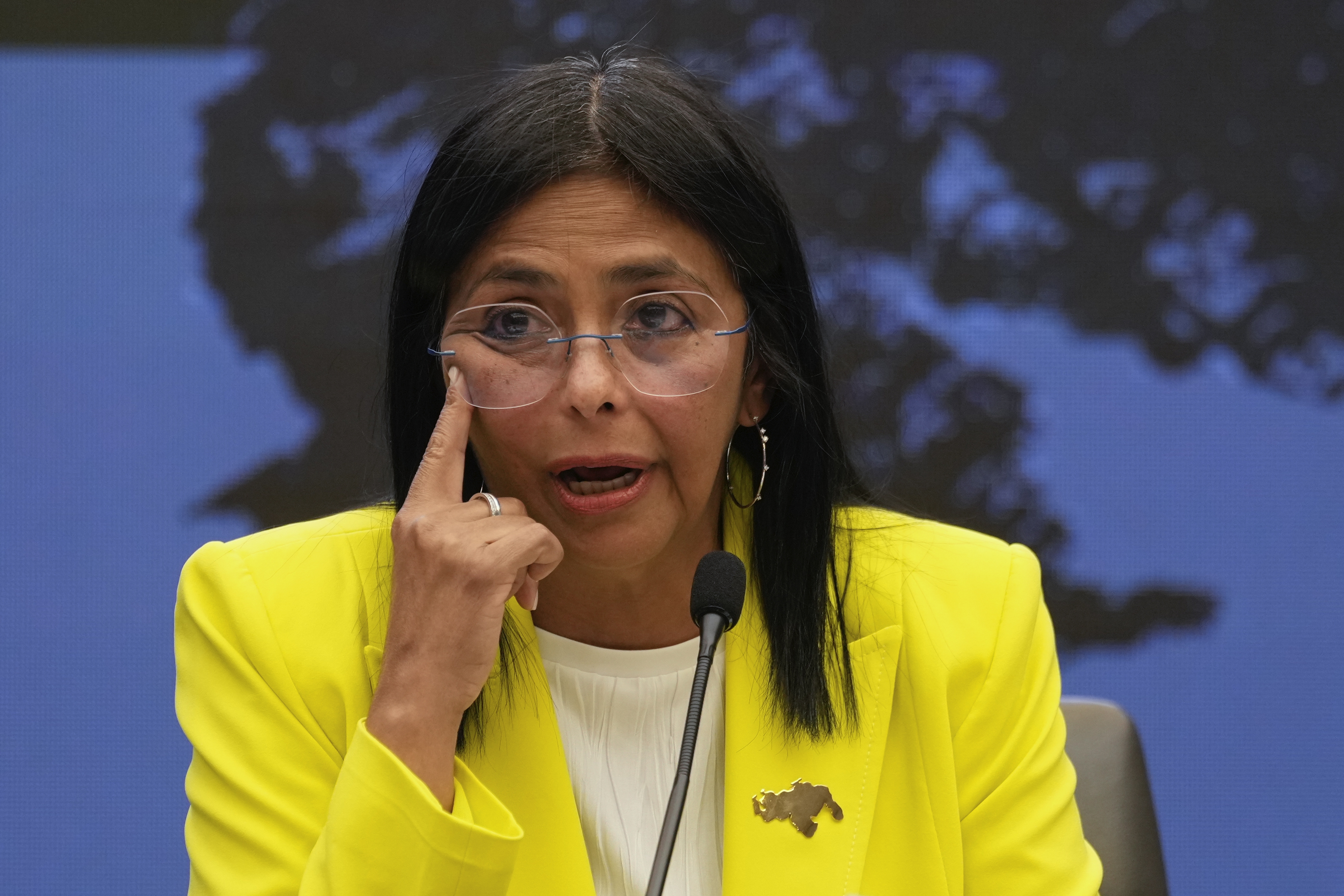 Venezuelan Vice President Delcy Rodriguez gives a press conference at Miraflores presidential palace in Caracas, Venezuela, March 10, 2025. (AP)