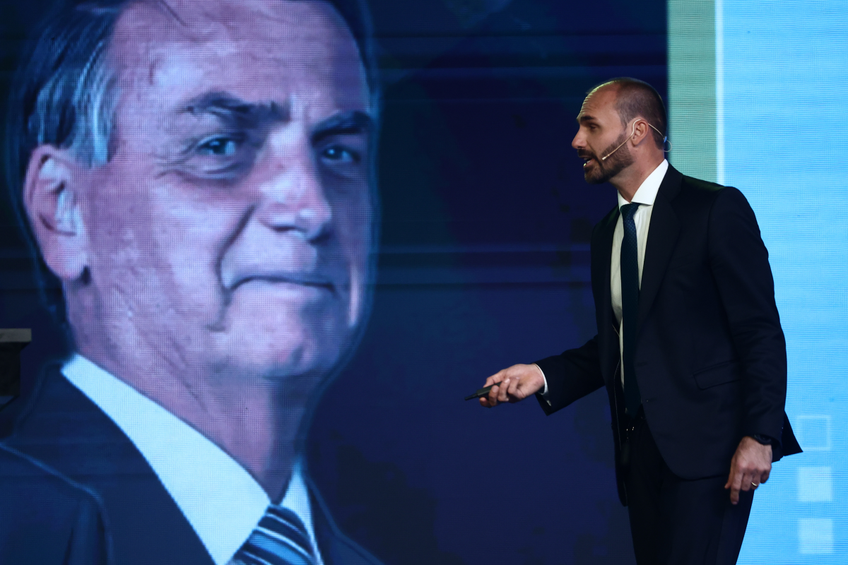 Eduardo Bolsonaro speaks next to an image of his father, former Brazilian President Jair Bolsonaro during the CPAC Argentina 2024, Conservative Political Action Conference