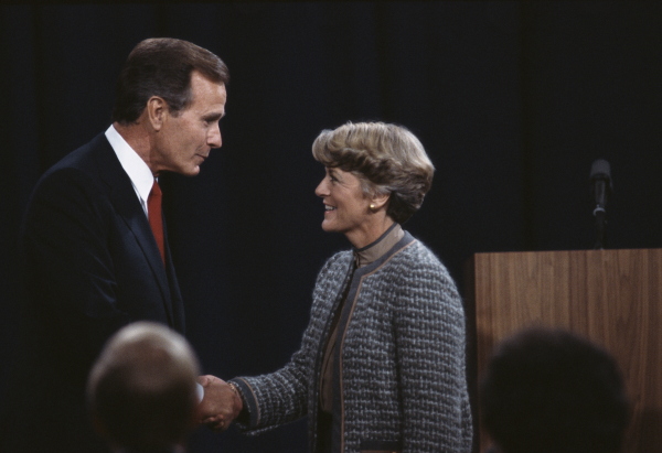 Vice President George Bush and New York congresswoman Geraldine Ferraro shake hands during a televised debate from Philadelphia on Oct. 11 1984. 