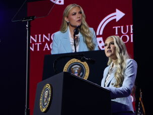 Turning Point USA CEO Erika Kirk speaks during a Turning Point event at Dream City Church in Phoenix on April 17.