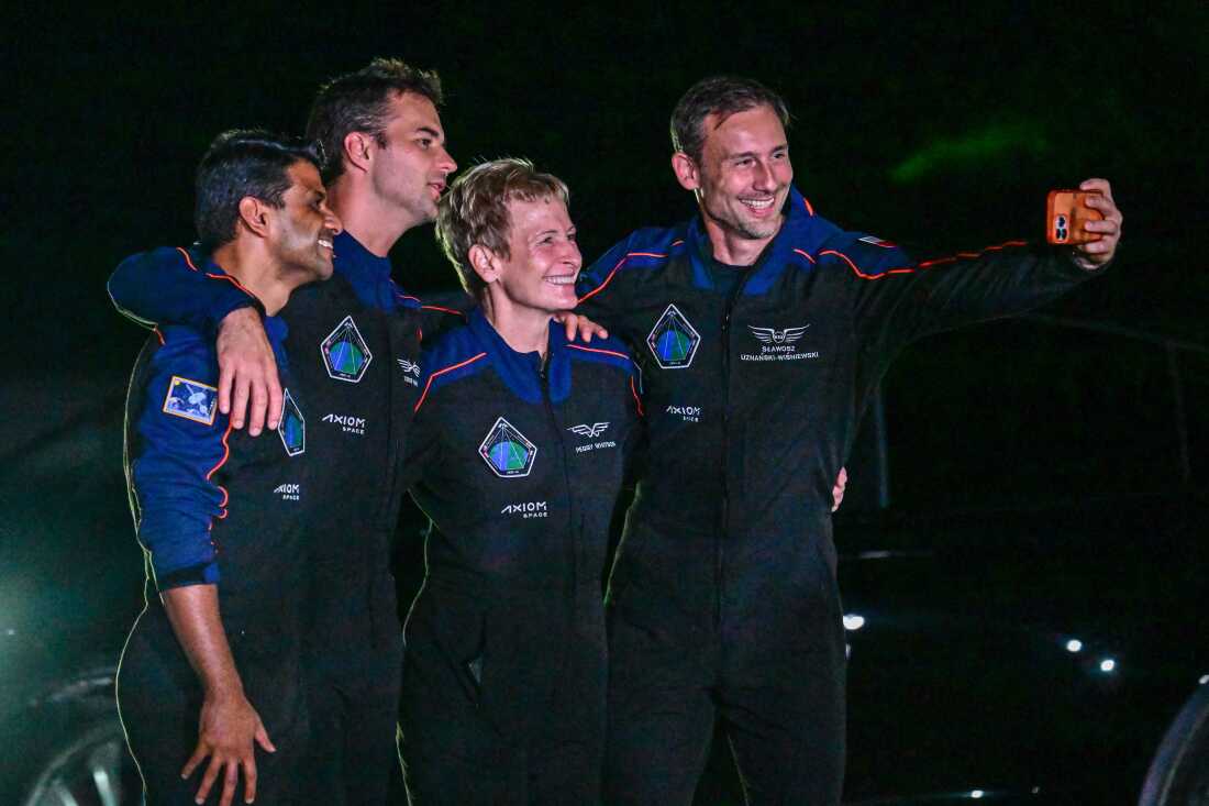 Indian astronaut Shubhanshu Shukla, Hungarian astronaut Tibor Kapu, U.S. astronaut Peggy Whitson and Polish astronaut Slawosz Uznanski-Wisniewski pose for a picture ahead of the Axiom Space Ax-4 mission to the International Space Station. India, Poland and Hungary are set to send people to space for the first time in decades on an American commercial mission to the I.S.S.