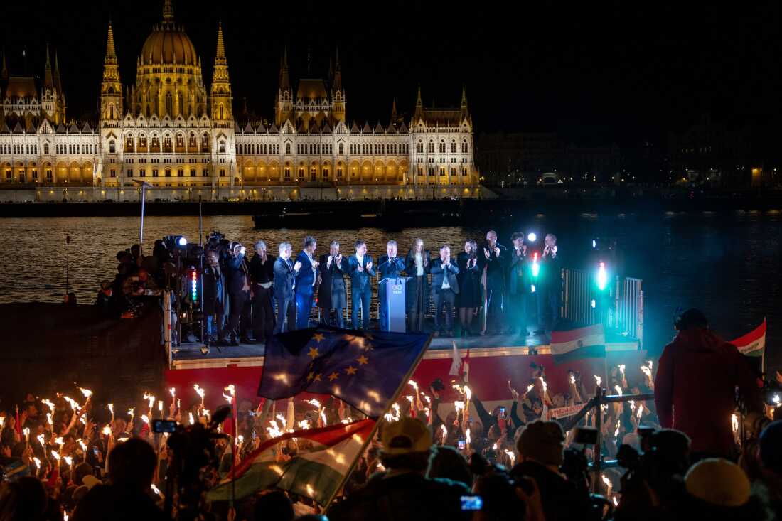 Peter Magyar, lead candidate of the Tisza party, speaks to supporters after the Tisza party won the parliamentary elections on April 12, 2026 in Budapest, Hungary. Magyar, who has gone into the election with a substantial lead in polls, is seeking to unseat Prime Minister Viktor Orban. (Photo by Janos Kummer/Getty Images)