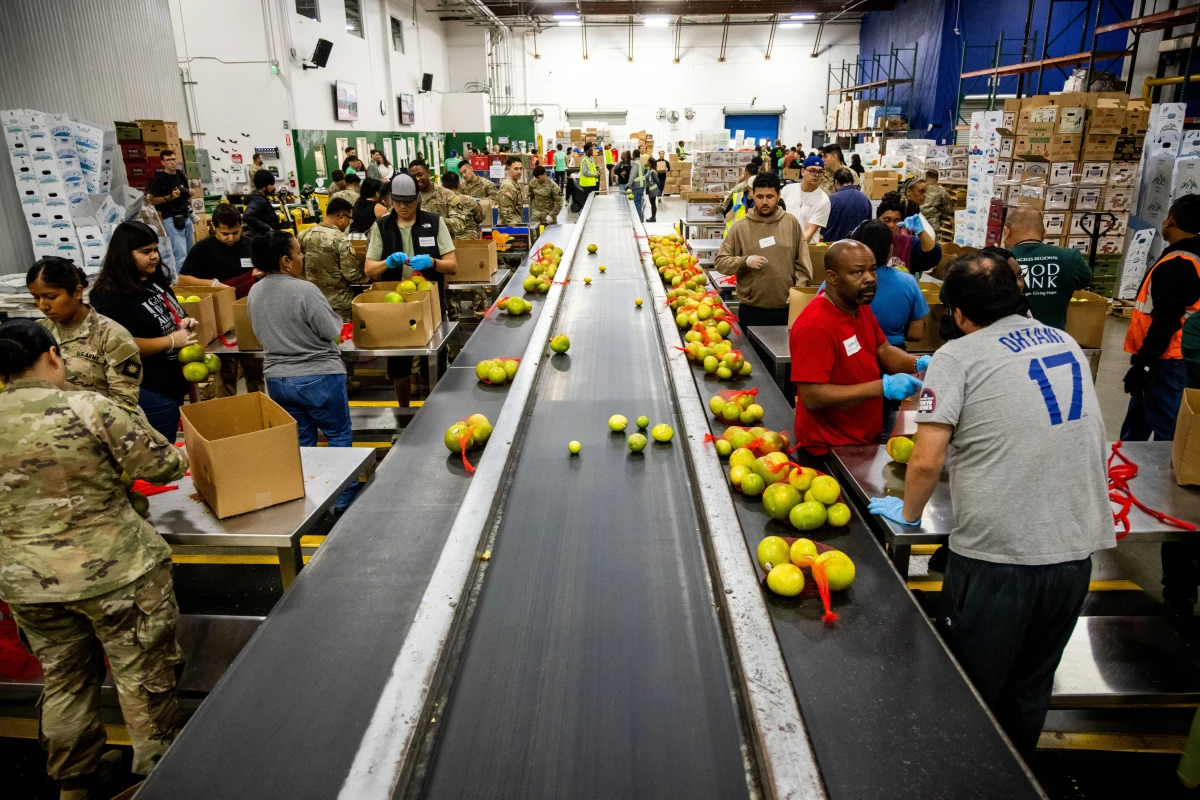 California National Guard members sort produce at the Los Angeles Food Bank on Wednesday.