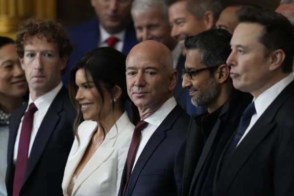 Guests including Meta CEO Mark Zuckerberg, Amazon founder Jeff Bezos, Google CEO Sundar Pichai and Elon Musk attend President Trump's inauguration in the rotunda of the U.S. Capitol on January 20.