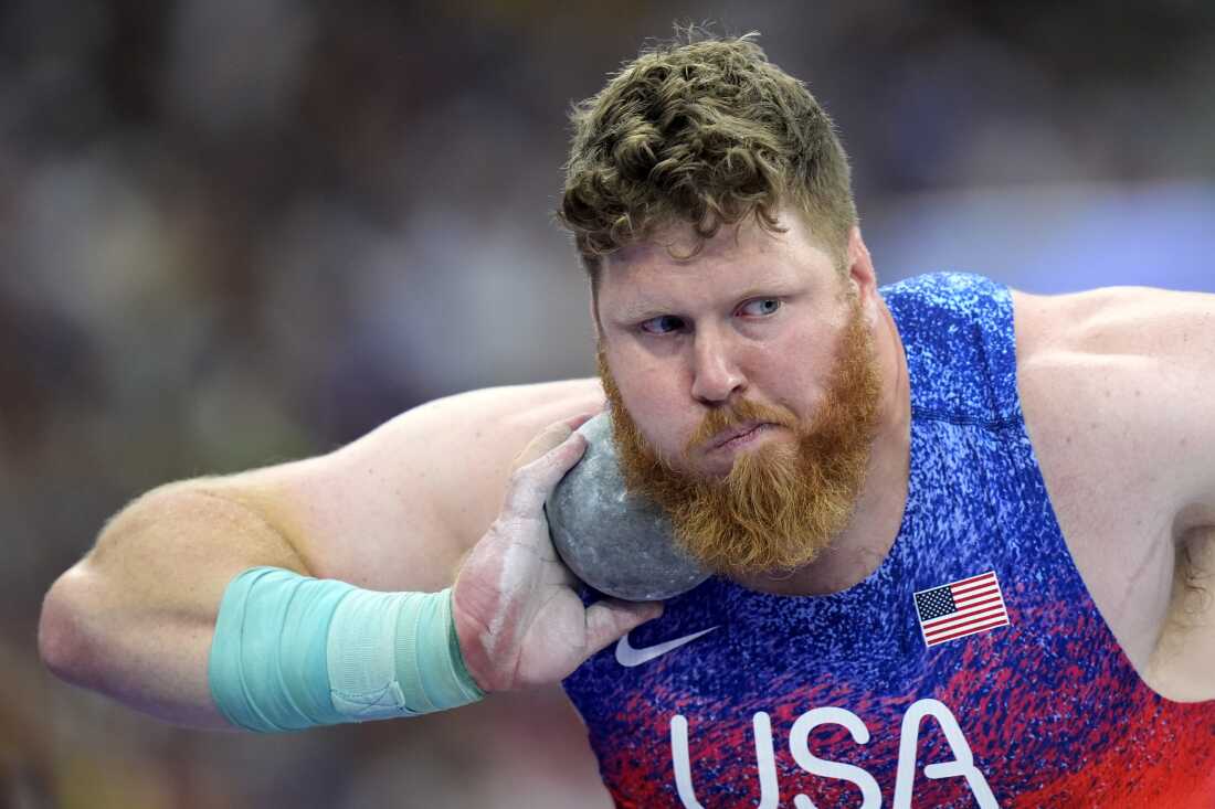 Ryan Crouser, of the United States, competes in the men's shot put final at the Paris Olympics, Saturday, Aug. 3, 2024, in Saint-Denis, France.