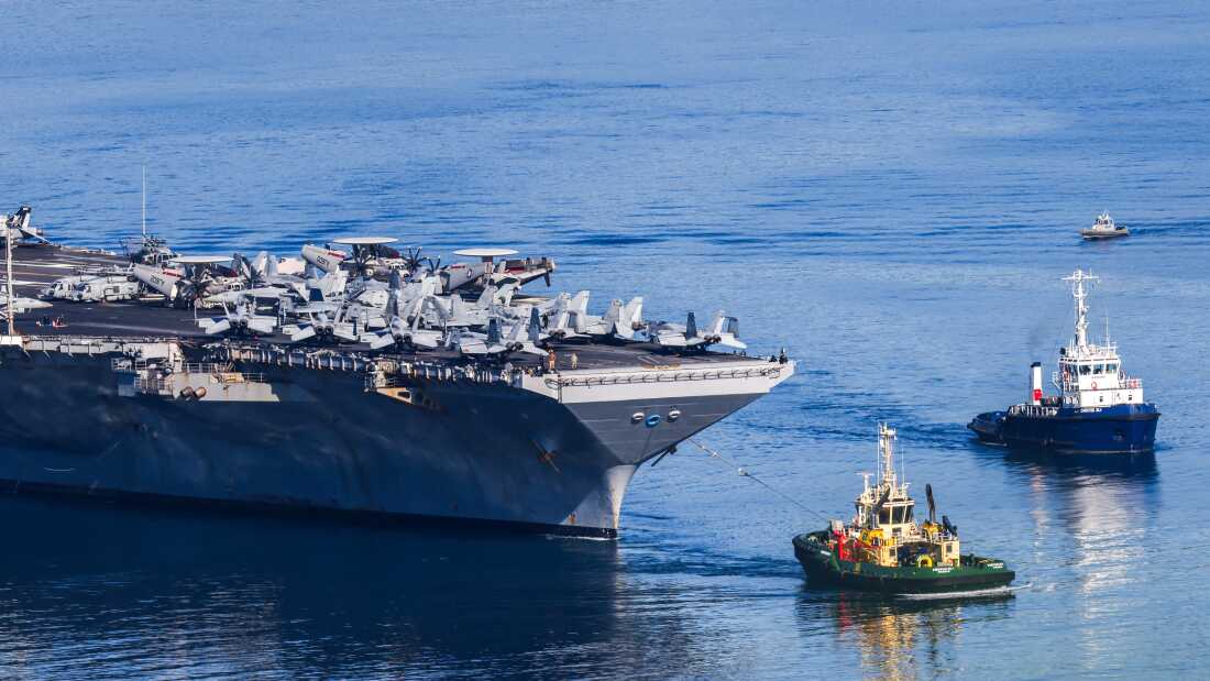 The U.S. Navy aircraft carrier USS Gerald R. Ford departs Souda Bay on the island of Crete on Feb. 26.