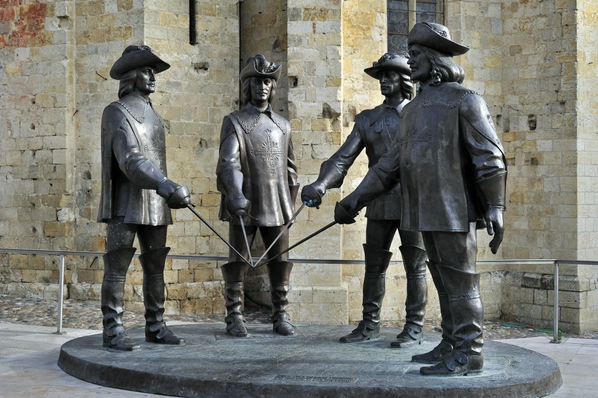 Statues of d'Artagnan and The Three Musketeers in Condom, France.