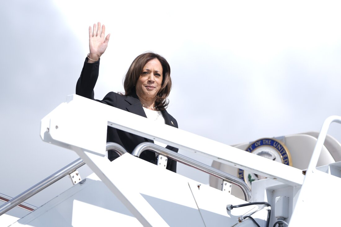 Vice President Harris waves as she boards Air Force Two at Joint Base Andrews, Md., on Oct. 3.