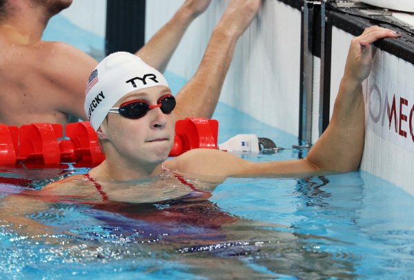 Katie Ledecky of Team USA looks on during a training session in the competition pool at Paris La Defense Arena ahead of the Paris 2024 Olympic Games.