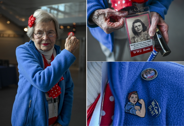 “Rosie” Jane Tucker shows her name tag with an old photo of herself During the Rosie the Riveter Congressional Gold Medal Commemoration at the World War II Museum in New Orleans, La., on Friday, March 21, 2025.