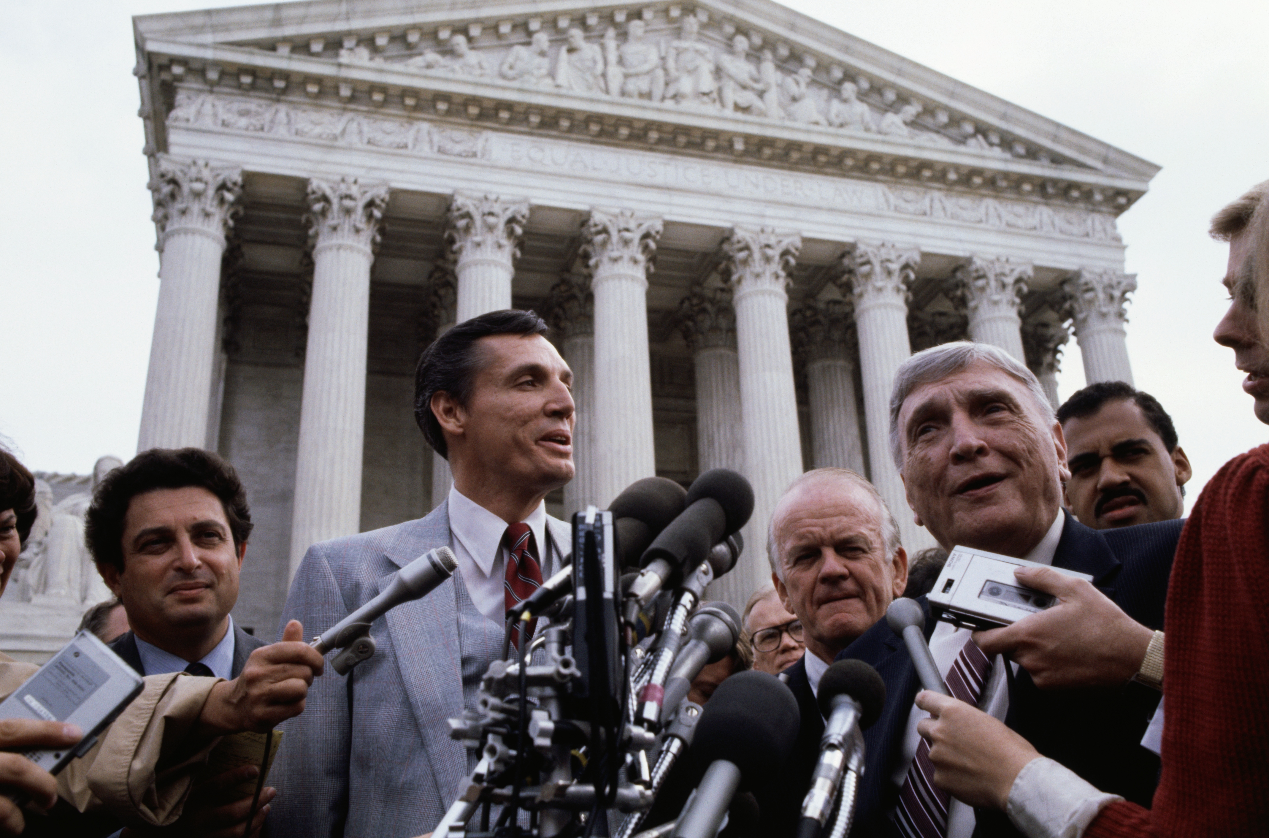 Bob Jones III, the president of Bob Jones University, speaks outside the U.S. Supreme Court in 1982. The IRS rescinded the university's tax-exempt status in the 1976. (via Getty Images)