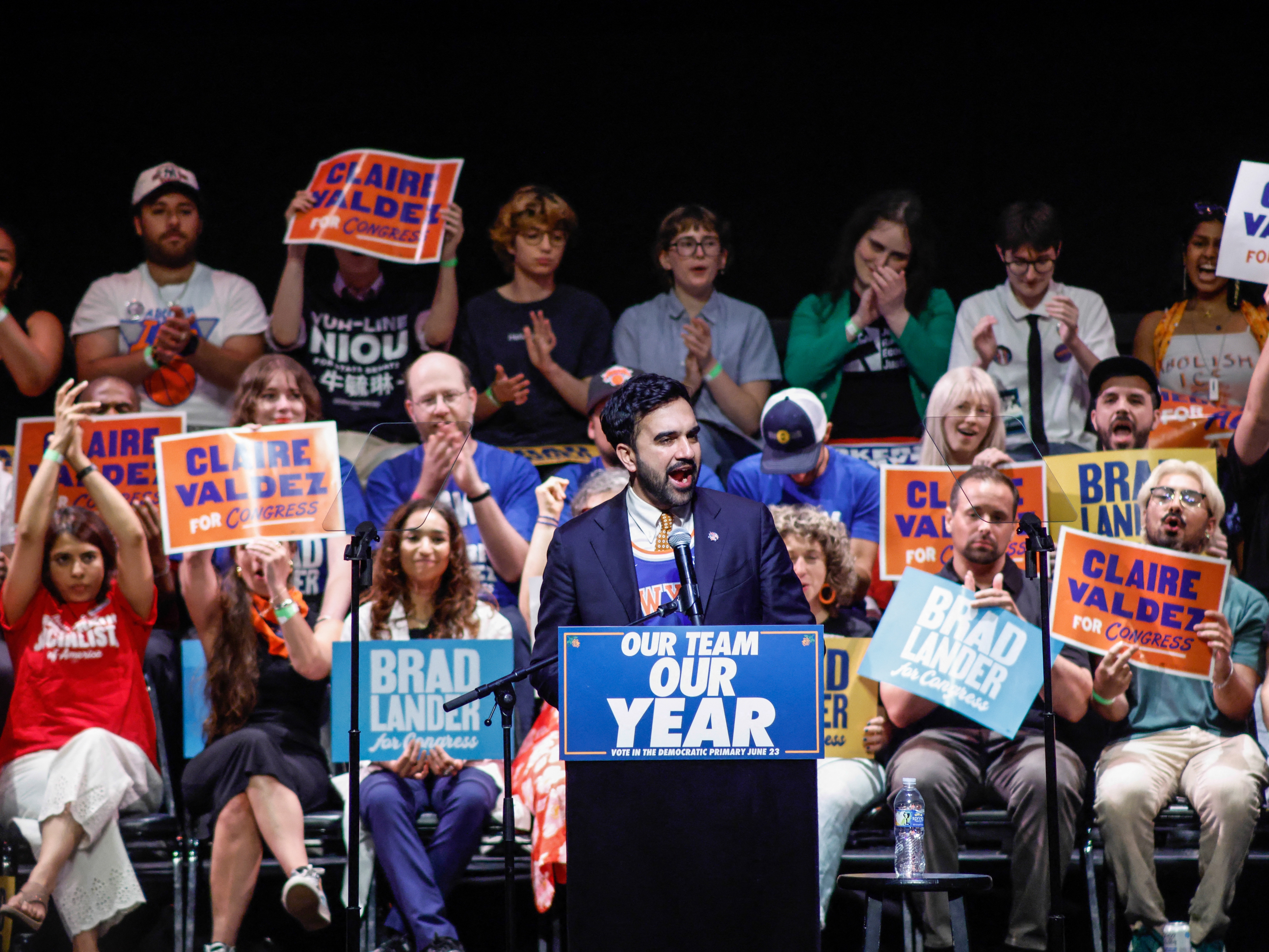 New York Mayor Zohran Mamdani speaks during the "Our Team, Our Year" Get Out The Vote rally in Brooklyn, New York, on June 18. Mamdani-backed progressive candidates swept their primary elections, putting his political power on display. Mamdani's political gamble pays off as his endorsed candidates sweep their primaries