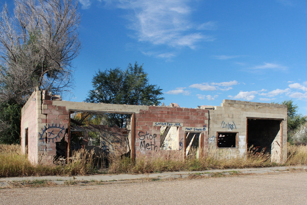 The remains of a building a few blocks away from the main street of Lodge Grass, Mont.