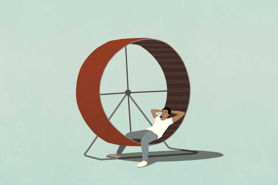 Illustration of a man relaxing on a hamster wheel, symbolizing taking a break from the daily grind to refresh yourself and appreciate life.