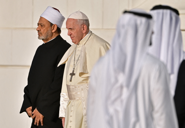 Pope Francis poses for a picture with Egypt's Azhar Grand Imam, Sheikh Ahmed al-Tayeb, as they arrive at Sheikh Zayed Grand Mosque in Abu Dhabi on Feb. 4, 2019.