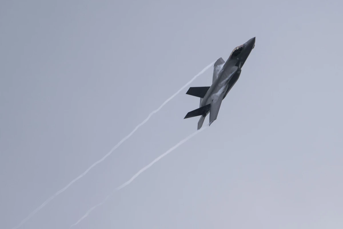 A U.S. Air Force F-35 Lightning II multi-role combat airplane flies over Ramstein Air Base during a day of fighter plane exercises on June 6, 2024, in Ramstein-Miesenbach, Germany.