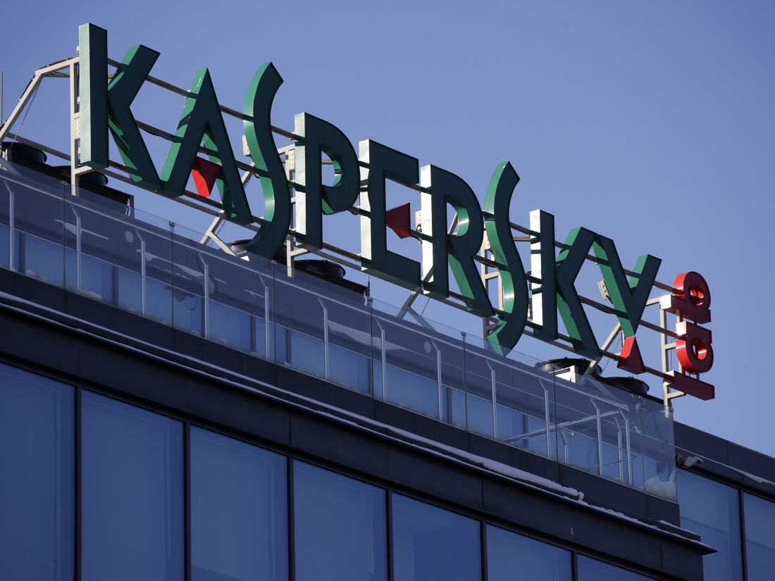 The sign is seen above the headquarters of Kaspersky Lab in Moscow Monday, on Jan. 30, 2017.