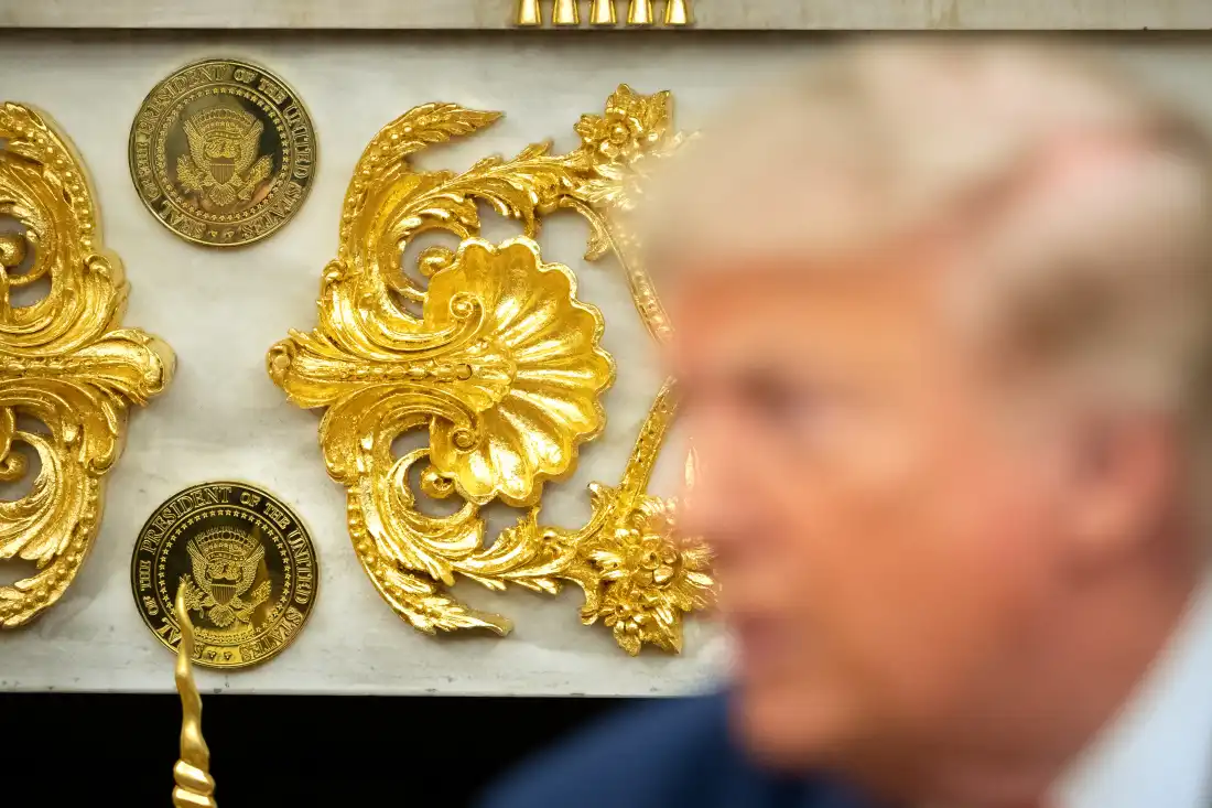 Gold-colored Presidential seals are seen on a fireplace in the Oval Office as President Donald Trump meets with Lebanese President Joseph Aoun at the White House, Tuesday, July 21, 2026, in Washington.
