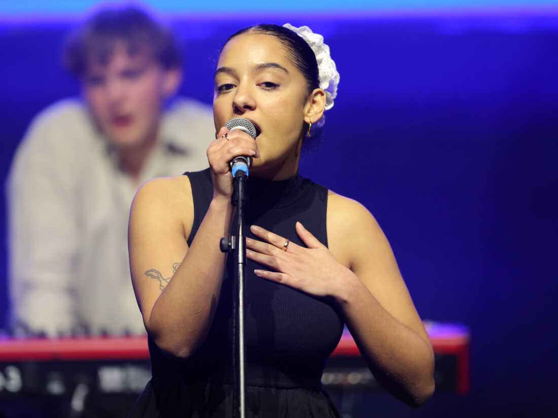 Lily Fontaine from the band English Teacher performs on stage at Albert Hall in Manchester, England.