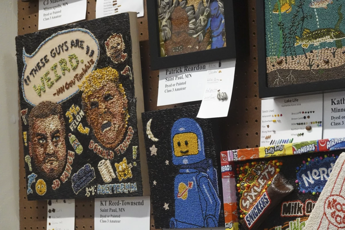 Several pieces of crop art — designs comprised of seeds, beans and other plant matter — are on display at the Minnesota State Fair. Political themes, especially in 2024, are popular with crop artists.