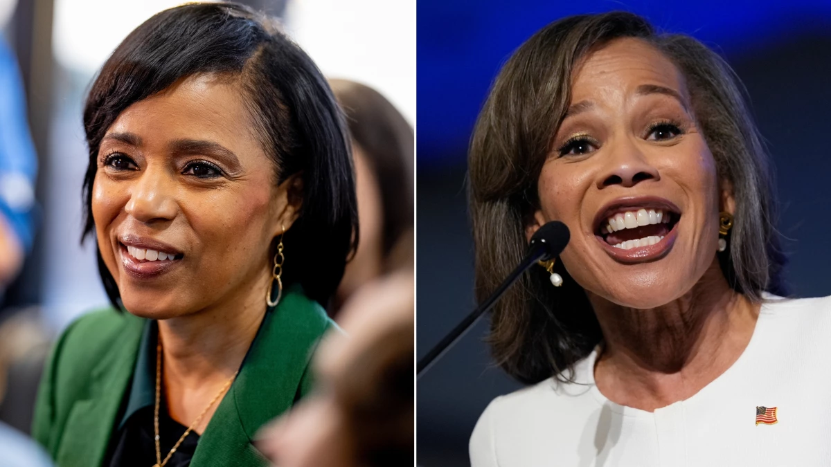 Left: Maryland Democratic Senate candidate Angela Alsobrooks speaks following a campaign stop on Oct. 22, in Kettering, Md. Right: Democratic Delaware Senate candidate state Rep. Lisa Blunt Rochester speaks during an election night watch party.