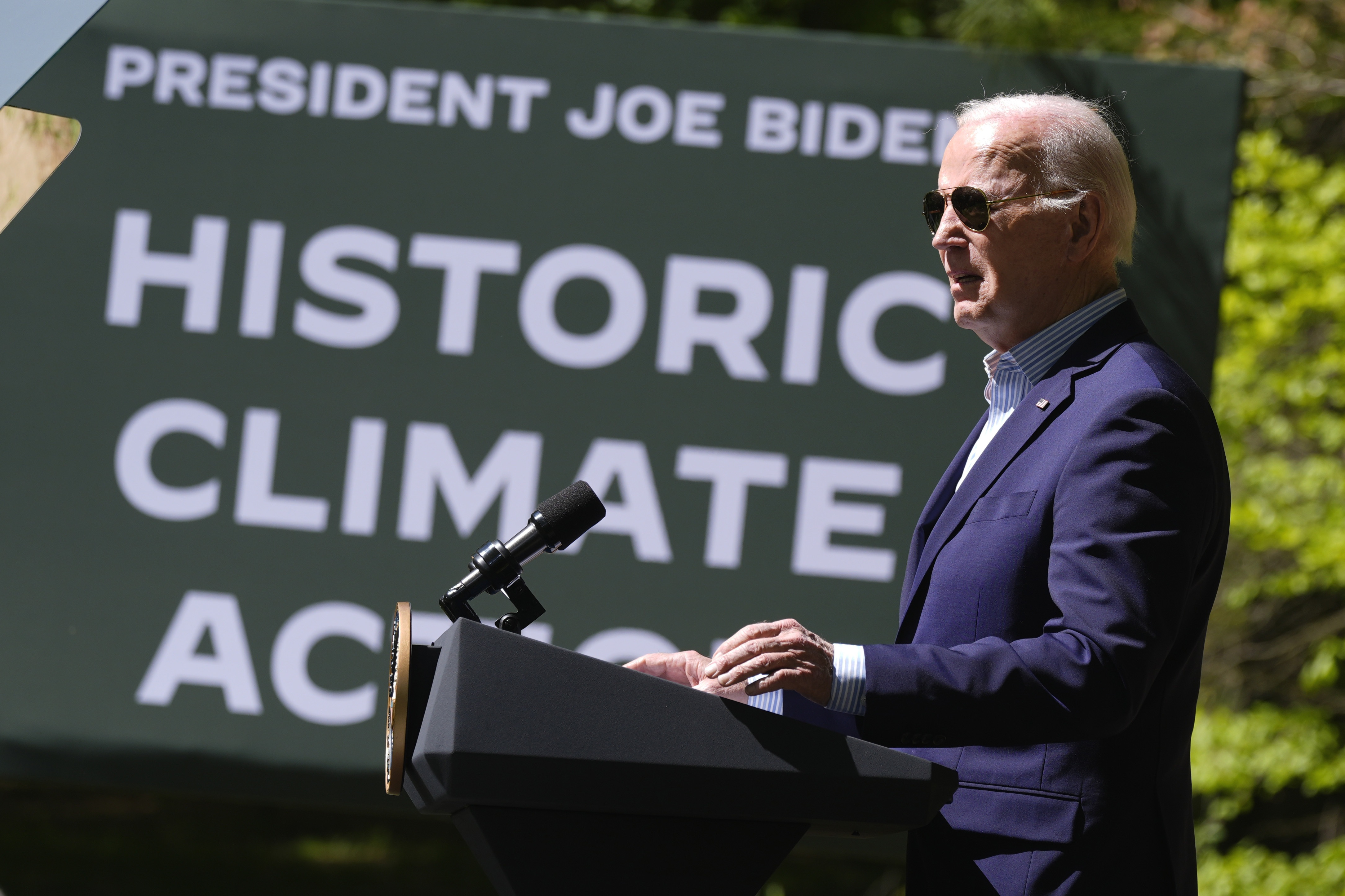 President Joe Biden speaks at Prince William Forest Park on Earth Day, Monday, April 22, 2024, in Triangle, Va. Biden announced $7 billion in federal grants to provide residential solar projects serving low- and middle-income communities and an expansion of the American Climate Corps green jobs training program. (AP)