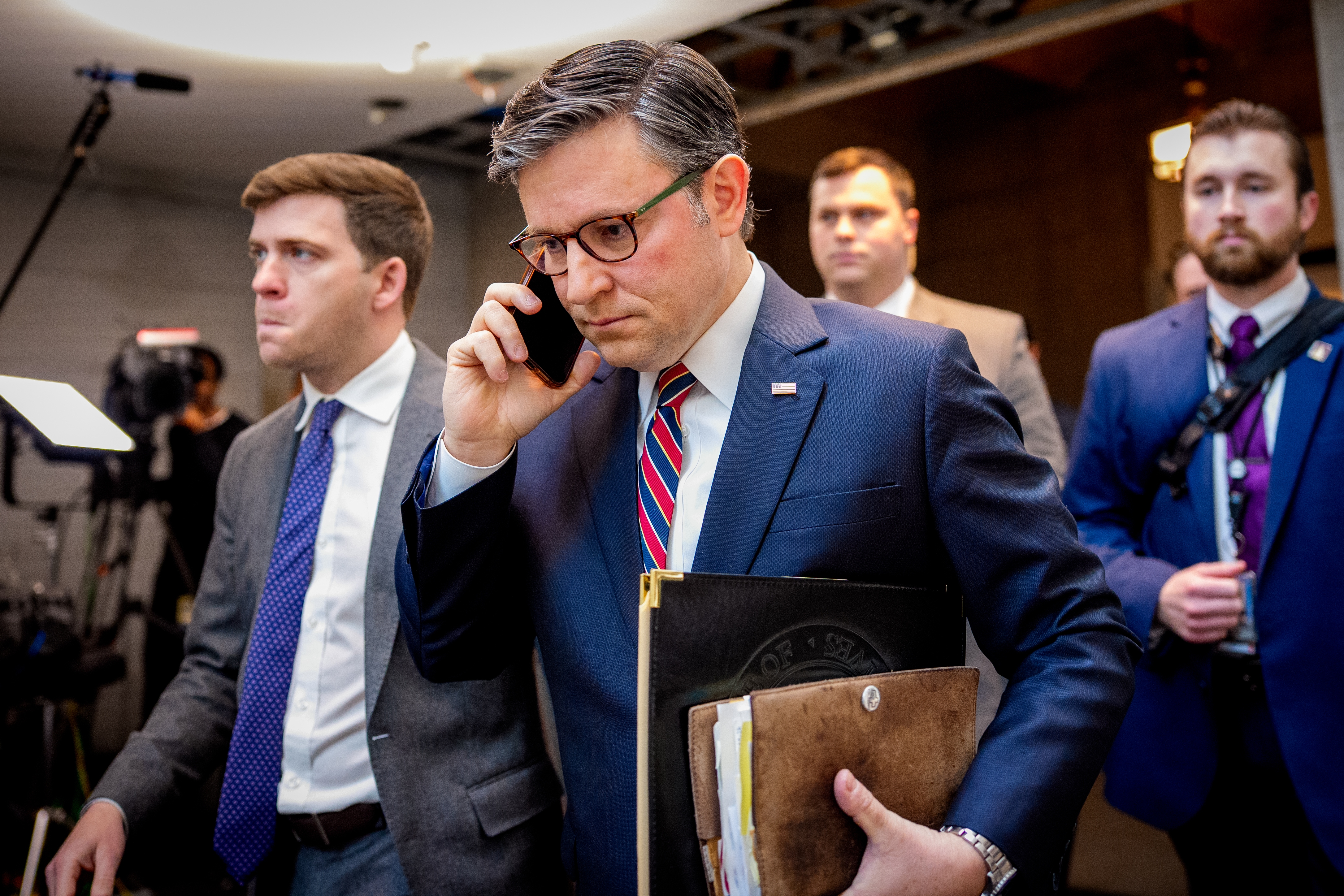 Speaker of the House Rep. Mike Johnson (R-LA) arrives for a House Republican Caucus meeting at the U.S. Capitol on April 8, 2025. (Photo by Andrew Harnik/Getty Images)